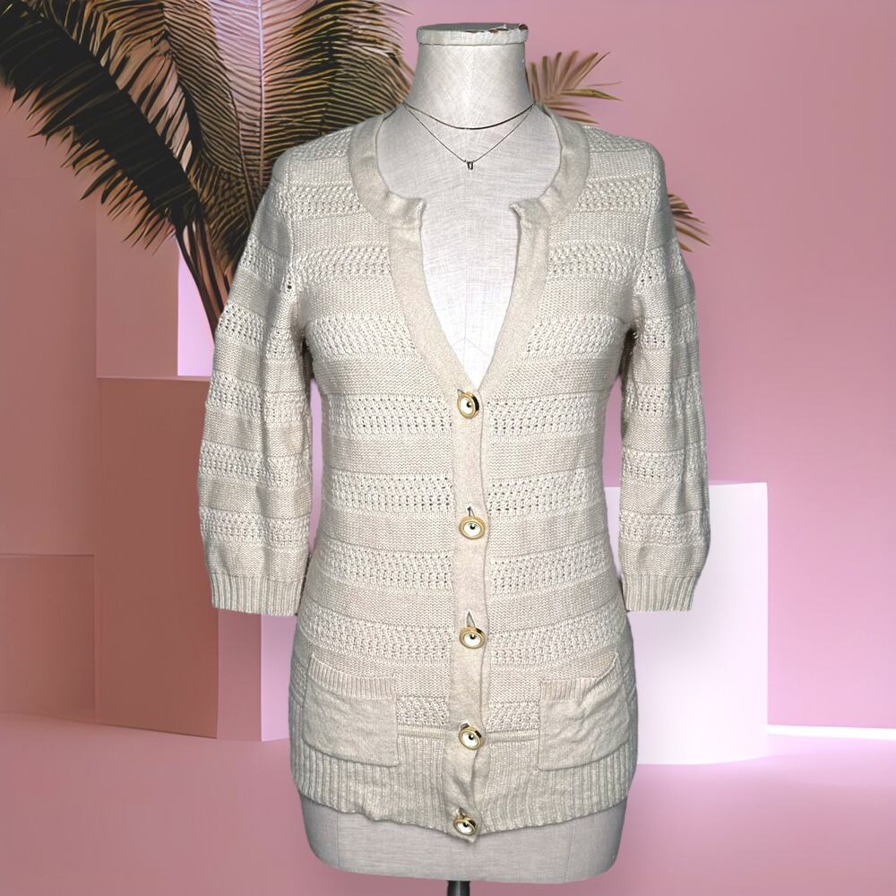 JUICY COUTURE Wool Cashmere Rabbit Hair Button Up Cardigan Sweater Crochet Beige